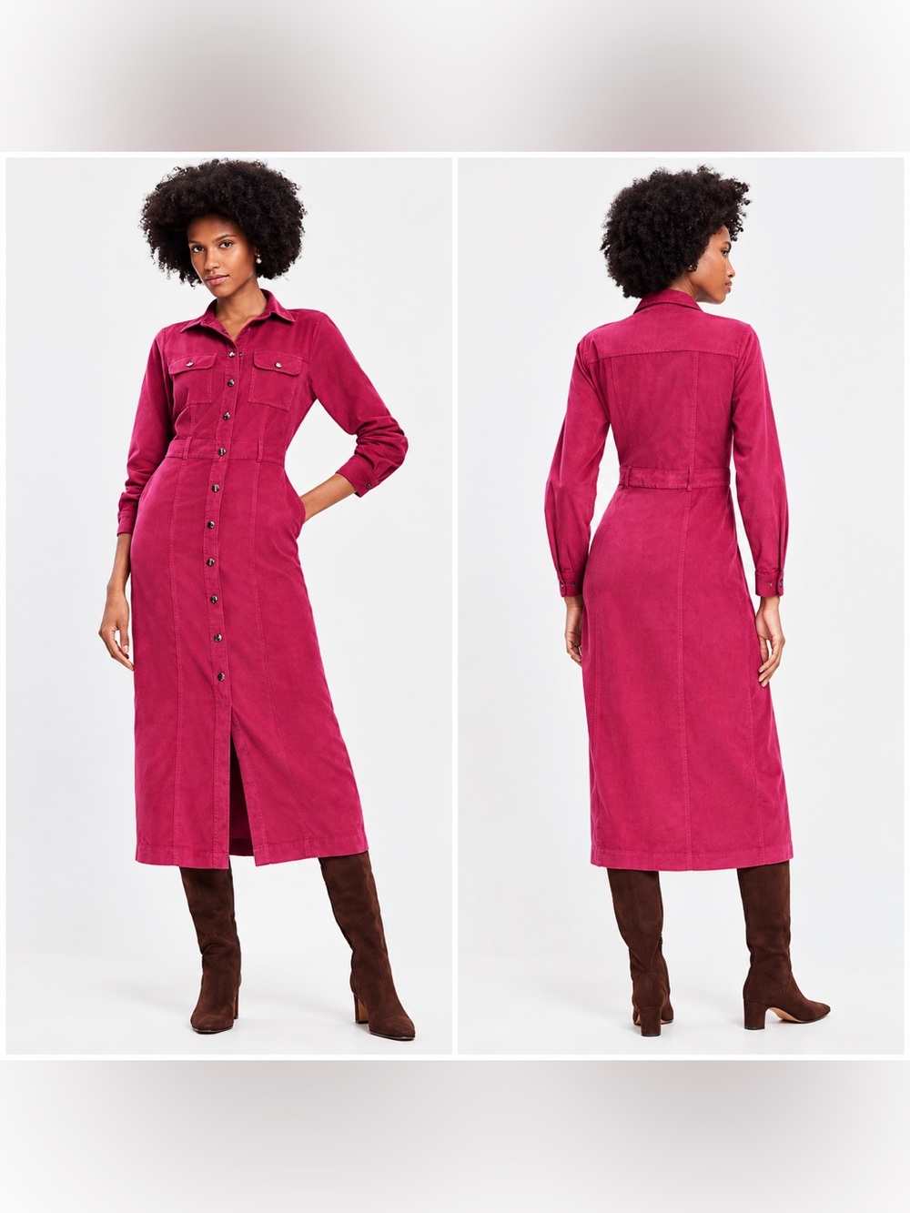 LOFT Corduroy Magenta Haze Button-Up Pocket Midi Shirt Dress Size 6